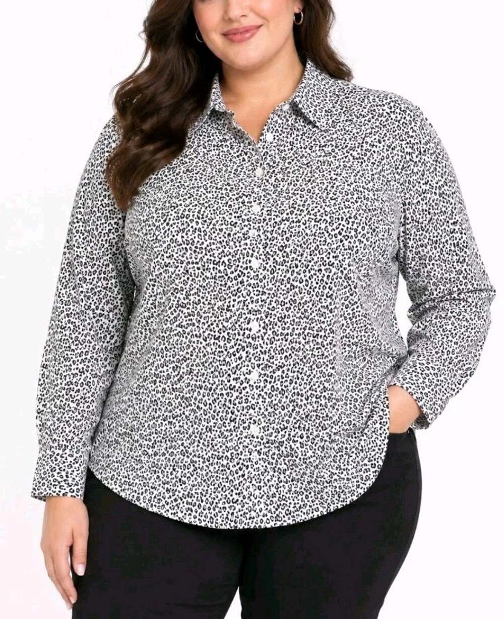 Talbots~Woman Plus Size 20W~White/Gray Non-Iron Cotton Bld. Button-Up Shirt Top.